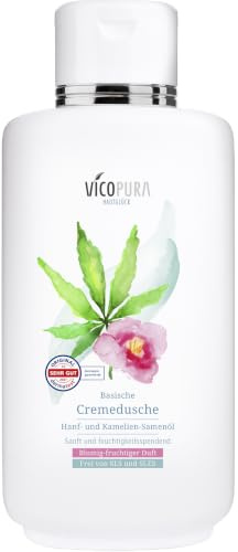 VICOPURA Basische Cremedusche mit Hanföl und Kameliensamenöl, 500ml | Blumig-fruchtiger Duft, reinigt sanft, pflegt intensiv, auch für trockene, angespannte Haut, SLS und SLES frei