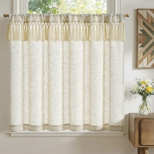 TOPICK Scheibengardinen Franse modern Bistrogardine 1Stück H90xB125 Beige | Blickdicht Küchenvorhänge Leinenoptik Lichtdurchlässig Kurzgardine Küchfenster landhausstil küchengardine fenstergardinen