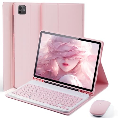 für iPad Pro 11 Zoll M4 2024 (5 Generation )Hülle mit kabelloser Bluetooth Deutsche Zeichen Tastatur (QWERTZ) und Maus, Schutzhülle mit Stifthalter, Rillenhülle Magnetisch Keyboard case Rosa