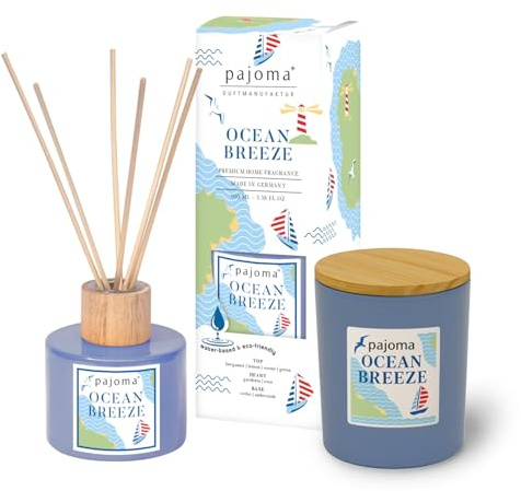 pajoma® Raumduft & Duftkerze Set Ocean Breeze Raumduft Diffuser 100 ml & Kerze 140 g im Glas mit Holzdeckel | Erfrischende Brise mit Bergamotte, Orange & Lavendel | Edles Duft- & Deko für Zuhause