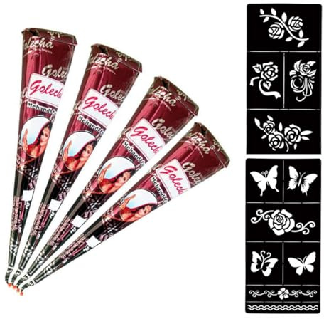 Gezella Henna Tattoo Set – 4x Golecha Kegel + 10x Temporäre Tattoo Schablonen – Natürliche Mehndi Tattoos Braun – Vegane & Hautfreundliche Körperkunst