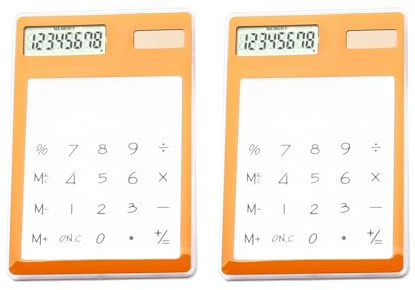 Lot de 2 mini calculatrices solaires ultra fines et transparentes avec écran tactile - Outil informatique de bureau portable - Petite calculatrice de poche pour l'école, le bureau, la maison - Orange
