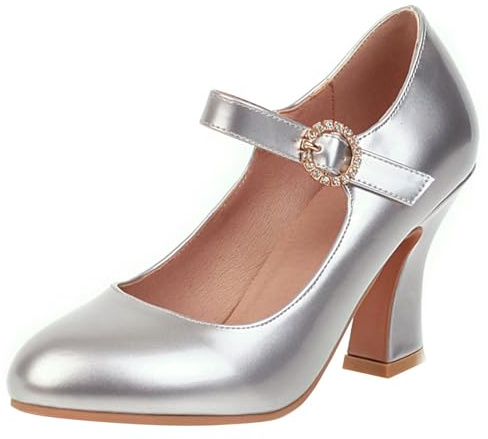 HSyc JRX dam Mary Jane-pumps med blockklack elegant lack höga klackar klänning skor, silver, 38 EU