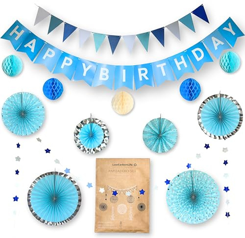 LowCarbonLife Geburtstagsdeko Blau – Happy Birthday Girlande, Wimpelkette, Wabenbälle & Papierfächer – Wiederverwendbar für Kindergeburtstag & Jungenparty (Blau Mix)