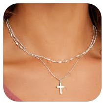 SLOONG Kreuz Kette Damen 14K Vergoldet/Silber Kette mit Kreuz Anhänger | Kreuzkette Layering Cross Halskette Damen Christentum Schmuck Geschenke für Frauen Mädchen