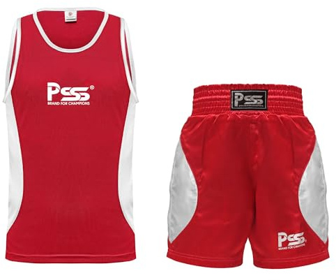 PSS Kids Boxing Uniform Set Sleeveless Tank Top & Shorts Trunks for Boys & Girls Youth Gear Ages 3-14 for Training, Sparring and Kickboxing Lightweight & Breathable (Red, 13-14 Years)