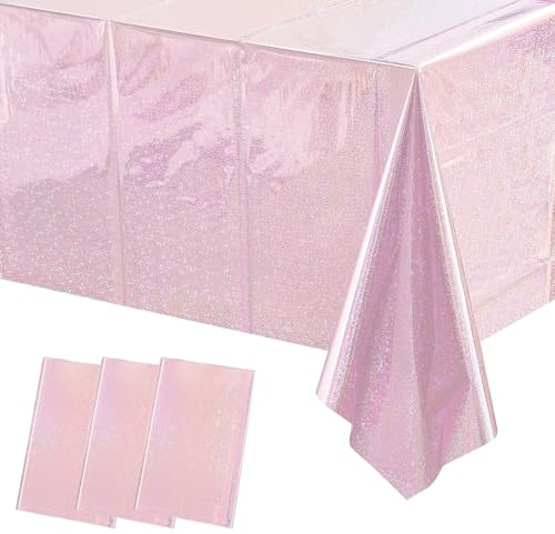 MOMAHUA 3 Stück Tischtuch Glitzer Tischdecke Pink, Rechteckige Wasserdicht Glitzer Tischtuch, 137x274cm Laser Folie Plastik Tischdecken für Party Geburtstag Hochzeit Dekoration Metallische Rosa