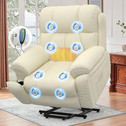 SQUEBILIFE Recliner Chair, Electric Recliner Armchair with Massage & Heat, Extended Footrest, Type C+USB Port, Hidden Cup Holder, Side Pocket Reclining Chair Sofa Lift Chair For the Elderly (Beige)