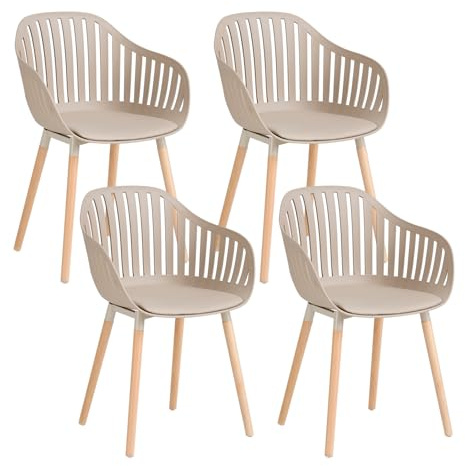 GrandCA HOME Juego de 4 Sillas Modernas de Comedor y Cocina con Reposabrazos y Cojines, Respaldo Hueco Vertical y Patas de Madera para Sala, Balcón y Oficina - Caqui-MT
