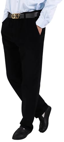 Mens Cotton Corduroy Trousers Smart Formal Office Pants with Stretch Comfort Straight Leg Elastic Waist & Multiple Pockets for Business Casual Workwear (UK, Alpha, L, Regular, Regular, Black)