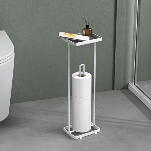 Mai & Mai Porte-Papier Toilette sur Pied avec Rangement 16x12x52 cm Blanc | Acier au Carbone, Dérouleur Papier Toilette, Rangement des Rouleaux à Portée de Main, pour WC ou Salle de Bains, Regol04