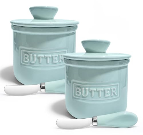 LonXFan Butter Crock with Lid for Kitchen Countertop – 2 Pack Ceramic French Butters Canister Airtight Butter Dish with Butter Knife for Keeping Butter Soft & Fresh, Kitchen Décor, Housewarming Gift