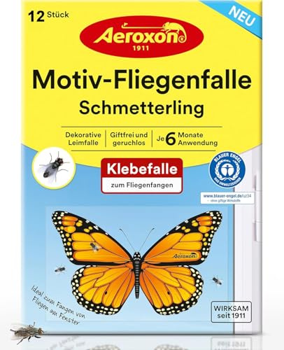Aeroxon Fliegenfalle Innenbereich, 12 Stück Fliegenfänger für Fenster | Bis zu 6 Monate wirksam, rückstandsfrei, dekoratives Schmetterlingsdesign, ideal für Küche und Wohnzimmer