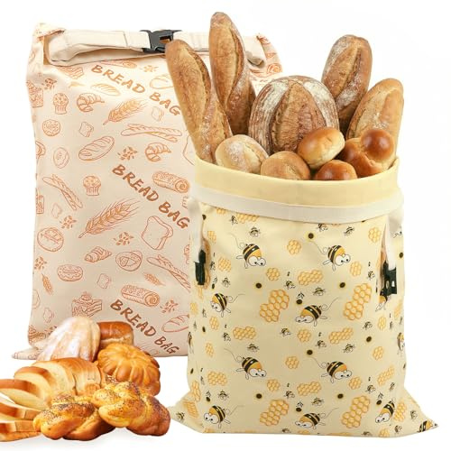 Foribyw 2 PC Reusable Beeswax Bread Bags with Buckle, to Keep Fresh Longer | Natural Bees Wax, Breathable & Moisture-Proof, Extra Large 42.5x33cm, Linen Cotton Food Storage Bags for Homemade Sourdough