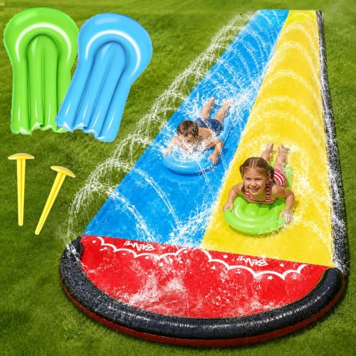Yisquar Wasserrutsche Garten 15.8ft/480cm, Doppelrutsche mit Eingebautem Sprinkler, with Sprinkler and 2 Inflatable Boards Wasserrutsche aufblasbar, für Summer Party,Lawn