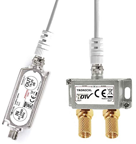 TronicXL Distributore antenna a 2 scomparti con amplificatore satellitare digitale HD I per TV satellitare DVBT DVBS Unicable 3D 4K HDTV I distributore morbido in linea per 2 televisori (2 ingressi