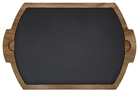 Kadum Tagliere da bistecca, 40 cm x 26 cm x 1,5 cm, in ardesia e legno di acacia, grande piastra in ardesia per sala da pranzo, robusto tagliere da cucina in legno e ardesia, tagliere per formaggi,