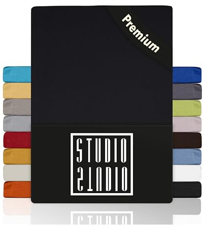 STUDIO Premium Spannbettlaken 180x200cm, 180x220cm, 200x200cm & 200x220cm – Jersey-Spannbetttuch aus 97 % Baumwolle & 3 % Elastan – Schwarz – Öko-Tex Zertifiziert, bügelfrei – für Matratzen 15–35cm