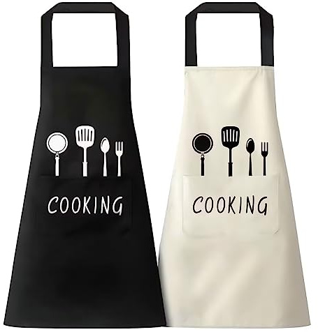 XCOZU Delantal de Cocina Negro Beige con 2 Bolsillos para Hombre y Mujer, Chef Impermeable para Barbacoa Jardineria Restaurante