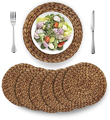 (4 Sizes: 12-13-14-15) BARIEN Brown Woven Placemats Round Natural Water Hyacinth Weave Large Handmade Heat Resistant Non-Slip for Dining Table (12 - Set of 6)
