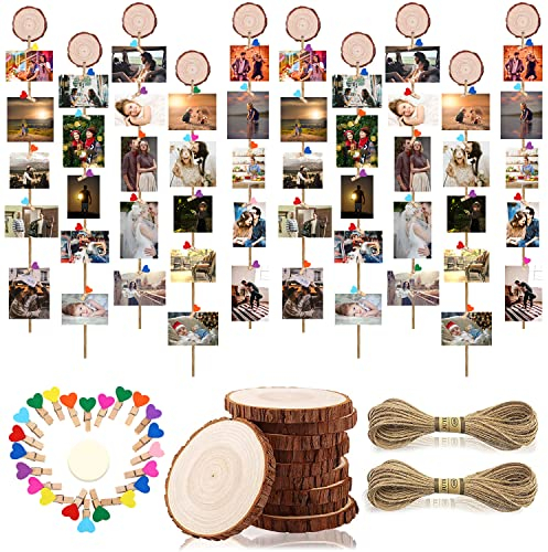 SANOU Bilderrahmen Collage Fotorahmen Holzbilderrahmen 10Stk Fotoleine Rahmen mit 1 Hanfseilund 50 Holzklammern für Wohnkultur Geburtstag Hochzeit Weihnachten