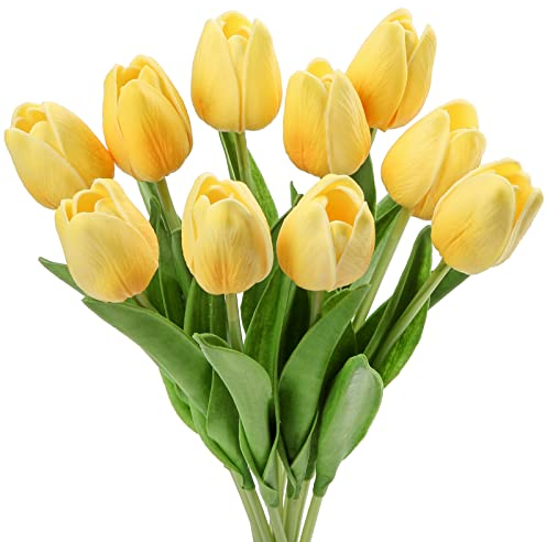 Hollyone 10PCS Tulips Artificial Flowers, Yellow Faux Tulips that look Real, Realistic Fake Flowers for Home Decor, Artificial Flowers for Crafts, Garden, Wedding, Party, Kitchen, Spring Decorations