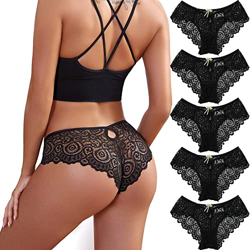 Zueauns Culotte Hipster Cheeky en Dentelle Femme Sexy sans Couture Slips Invisible sous-vêtements Respirant Lingerie Shorties Doux Bikini Lot de 5(Couleur-d,L)