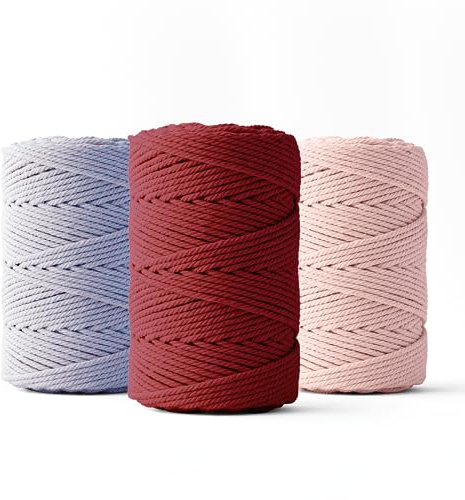 LEDENT Corda per macramè (2mm, 3x70M, viola chiaro, bordeaux e rosa) - Corda doppia ritorta per macramè in cotone riciclato al 100% per il macramè o il crafting - Set di 3 pezzi.