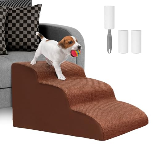 Lannvan Escalier pour Chien à 3 Marches - Escaliers pour Animaux en Éponge pour Canapé et Lit - Rampe pour Chien Chat avec Housse en Tissu Amovible et Lavable - Envoyer Rouleau Poils Animaux - Marron