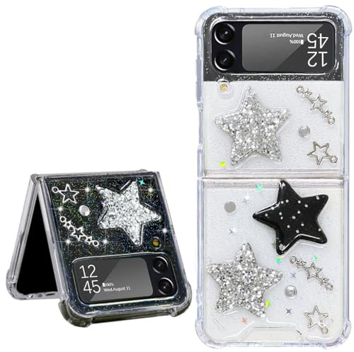 Efitoo for Samsung Galaxy Z Flip 3 5G Case Clear Glitter Design Cute Bling White Black Stars Space Theme Sparkle Shockproof Aesthetic Shockproof Phone Cover for Women Girls (Glitter Stars)