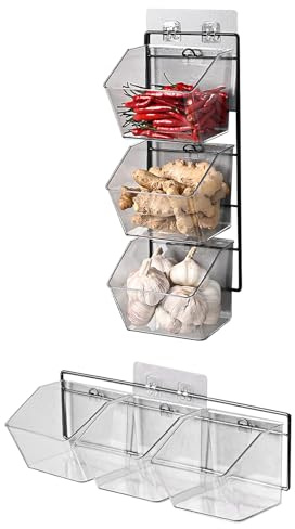 HERCHR Panier à Fruits Suspendu, Paniers De Cuisine Suspendus En Plastique à 3 Niveaux, étagères De Garde-manger Murales, Paniers Suspendus Pour la Cuisine(Vertical)