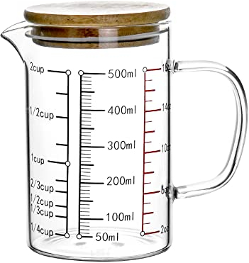 QWORK® Vaso medidor de cocina de 500 ml con tapa de bambú, vaso medidor multiescala de vidrio de borosilicato, apto para microondas