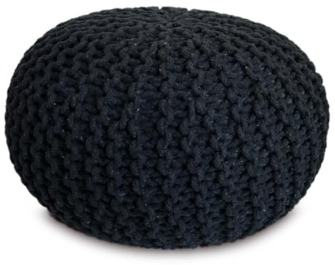 Amago home Strickhocker Pouf Ø45 o. 55cm Bodenkissen Sitzpouf XXL Baumwolle nachhaltig Größe ø 45 cm, Farbe schwarz - anthrazit