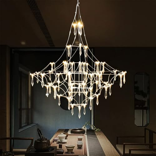 LED 66-Light Dining Room Light Fixtures Over Table,Modern Metal Fireworks Crystal Chandeliers,Silver Kitchen Island Lighting,High Ceiling Lighting Fixture,for Living Room,Bedroom,Foyer,Church,Entryway