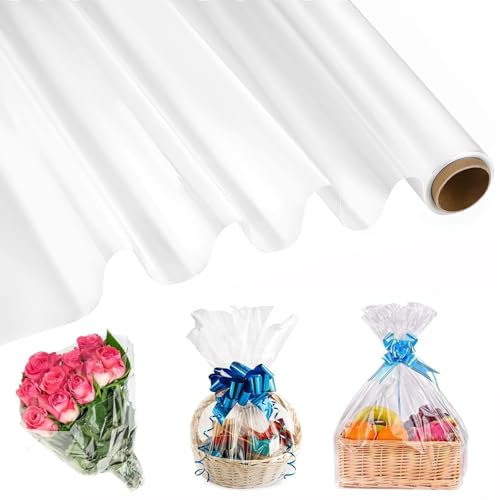 Klares Cellophan Rolle, 3 Mil Dicke Klare Cellophanfolie, 43CM X 30M Transparent Geschenkpapier, Cellophan Geschenkpapier Rolle für Blumen Geschenkkörbe Ostern Weihnachten