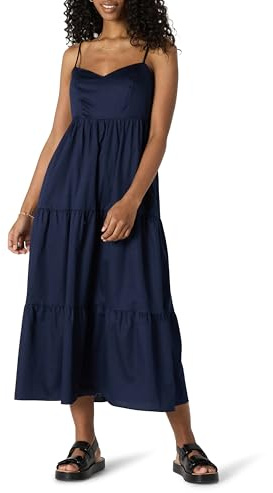 Amazon Essentials Vestido Largo Entallado y Escote Corazón con Vuelo con Capas de Satén de Algodón con Cintura de Corte Imperio Mujer, Azul Marino, S