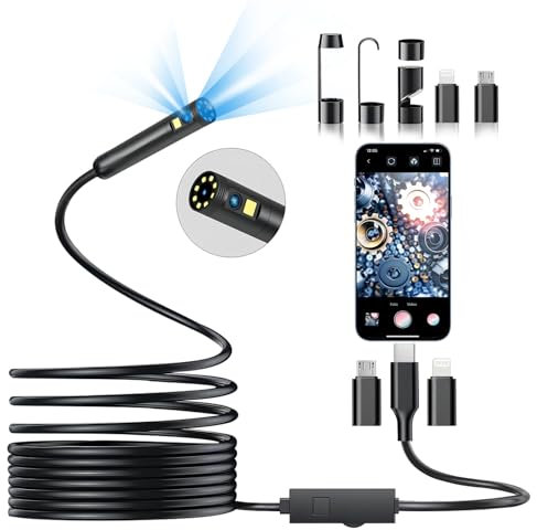 DPduct Endoskopkamera mit Licht, 1920 HD Dual Lens 7,9 mm Endoskopkamera mit 8+1 LED-Leuchten, Inspektionskamera mit 16,4 Fuß/5 m IP67 wasserdichtem halbstarrem Kabel, Rohrkamera für Android und iOS