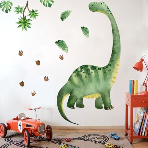 Wandtattoo Dinosaurier 3D Effekt Wandsticker, 3pcs Groß Dino Grünes Blatt Aquarell Wandaufkleber Dschungel Tiere Palmen Wanddeko Sticker, Kleinkinder Schlafzimmer Spielzimmer Klassenzimmer