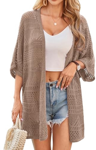 GRACE KARIN Summer Lightweight Kimono Cover Ups for Women Crochet Boho Short Sleeve Cardigans Sweaters for Beach Khaki L