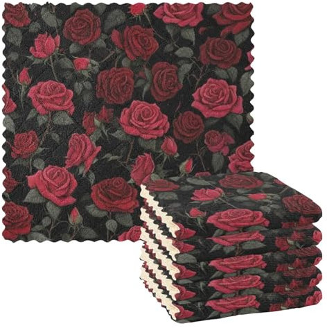 Amooorous Dark Red Rose Kitchen Microfiber Towels Tea Towel Kitchen Terry Cloth Dish Towels and Dish Cloths Kitchen Hand Towels Decorative Thanksgiving Bathroom Design (longword) 11x11in 6 Piecing