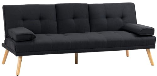 HOMCOM Schlafsofa 3-Sitzer mit Klappbarem Tisch Becherhalter Grau | Sofa, Schlafcouch, Bettsofa mit Leinenoptik, Couch Gästebet, für Wohnzimmer