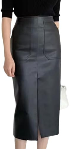 RSBFK Gonna aderente da donna a vita alta in ecopelle con tasche gonna lunga slim fit a matita midi, Nero, L