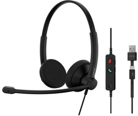 EPOS Impact 100 UC Stéréo USB-C+A Casque avec Microphone, Universal Communications, Anti-Bruit, Léger, Adaptateur USB, Coussinets Doux, Contrôle Appels, Usage Pro, UC Professionnel, Noir