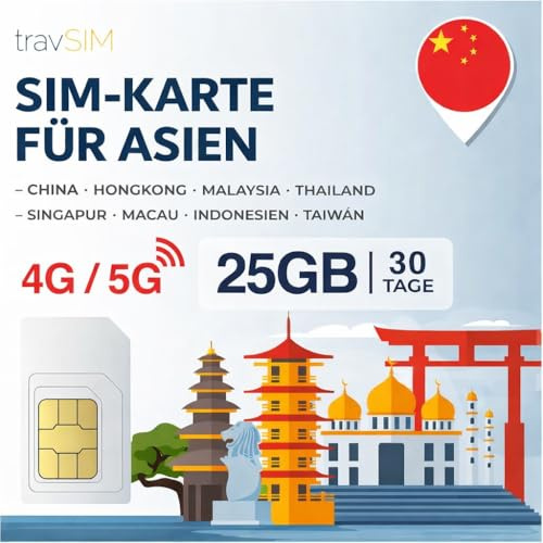 Asien SIM-kort travSIM | 30 dagar – 25 GB | SIM-kort Asien, användning i Macau, Kina, Hongkong, Malaysia, Thailand, Singapore och mer | Tillgång till Google, Facebook, Whatsapp med mera | Inga