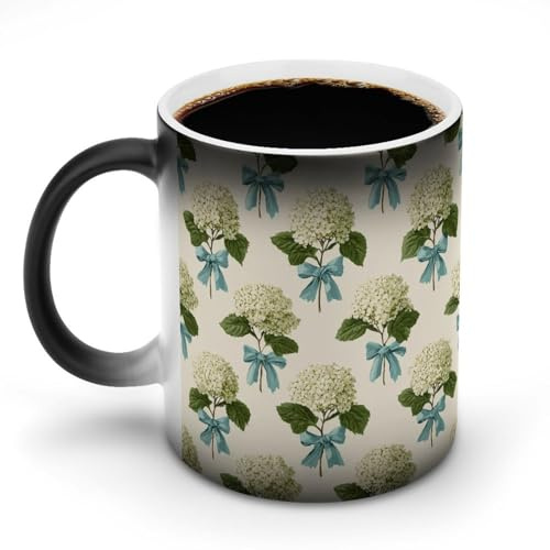 Jubonexis Light Cream Hydrangea Clusters Color Changing Mugs Heat Changing Ceramic Coffee Mug Novelty Funny Tea Water Cup 11OZ