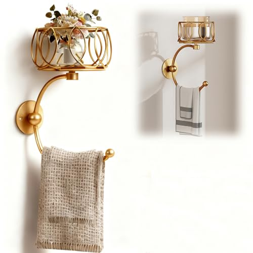 Qivine Hand Towel Holder for Bathroom Wall, Gold Towel Hook with Candle Holder for Bathroom Decor, Vintage Wall Mounted Towel Ring for Bathroom Accessories and Decor