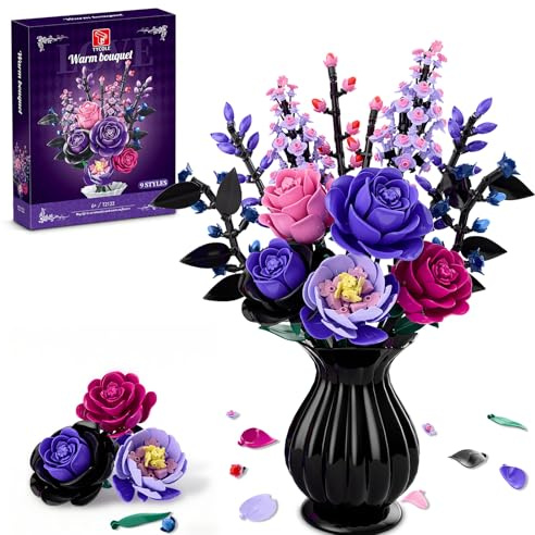 TYCOLE Bouquet de Roses Violettes en Briques, 806 Pièces, Déco Gothique, 6+ | Fleurs Artificielles, Collection Botanique, Kit DIY, Cadeau Anniversaire, Noël & Fête des Mères pour Femmes, Filles & Adultes