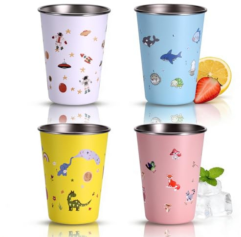 Hejo 4 Piezas Vaso de Acero Inoxidable para Niños, 350ML Set de Vasos para Niño, Copas Infantiles Reutilizables para Niños y Niñas, Taza de Camping Apilable(Rosa Amarillo Blanco Azul)