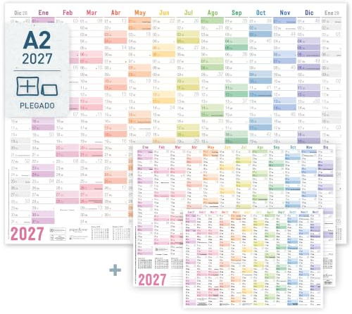 Häfft® Calendario de pared 2027, formato A3, plegado en español Rainbow | Planificador de pared (42 x 29,7 cm) con días festivos españoles + calendario A4 adicional