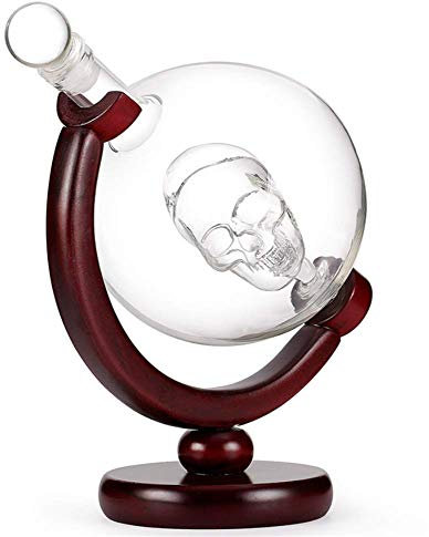 Whiskey Decanter Globe World Etched Globe Decanter Antique Ship Glasses Tongs Bar Funnel Stopper Liquor Dispenser Spirits Scotch Bourbon Vodka Rum Wine Tequila 850 ml (Skull Globe+2pcs Wine Glass)